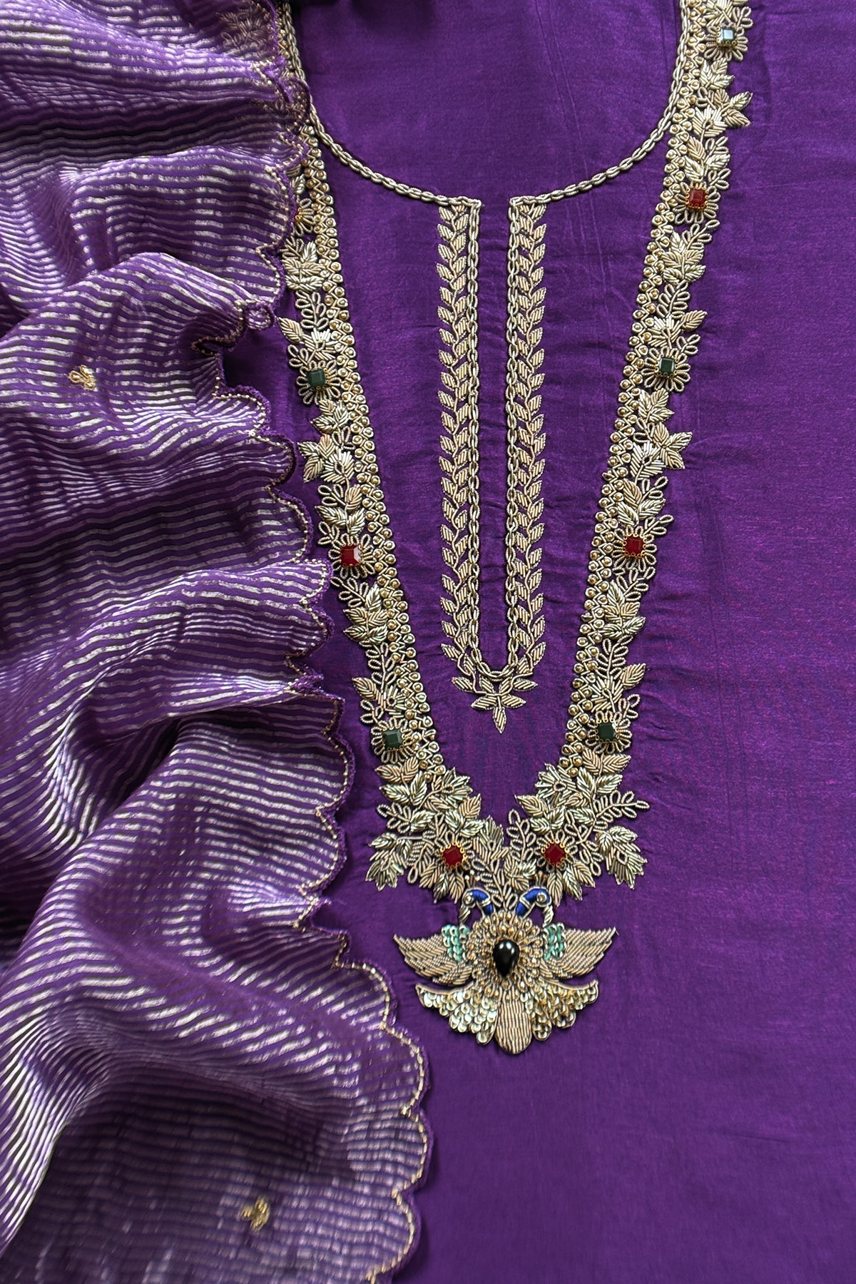 Luxury silk suit with dabka dori chidiya handwork

