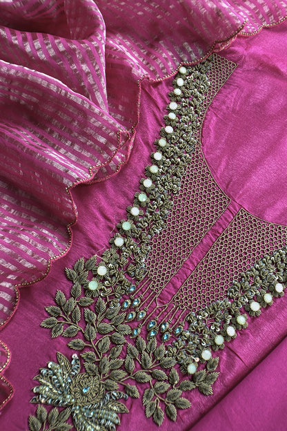 Rani Pink Pure Silk Suit With Tissue Silk Dupatta