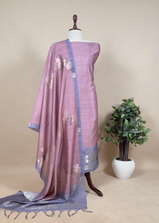 Pink Pearl Chanderi Unstitched Dupatta-Suit With Silver Gold Zari Jamdani Weaving