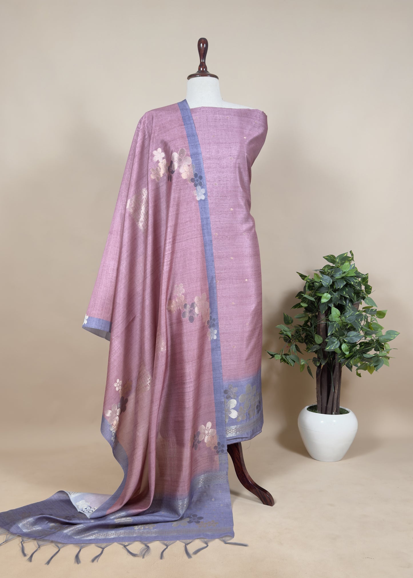 Light Purple Chanderi Unstitched Dupatta-Suit With Silver Gold Zari Jamdani Weaving