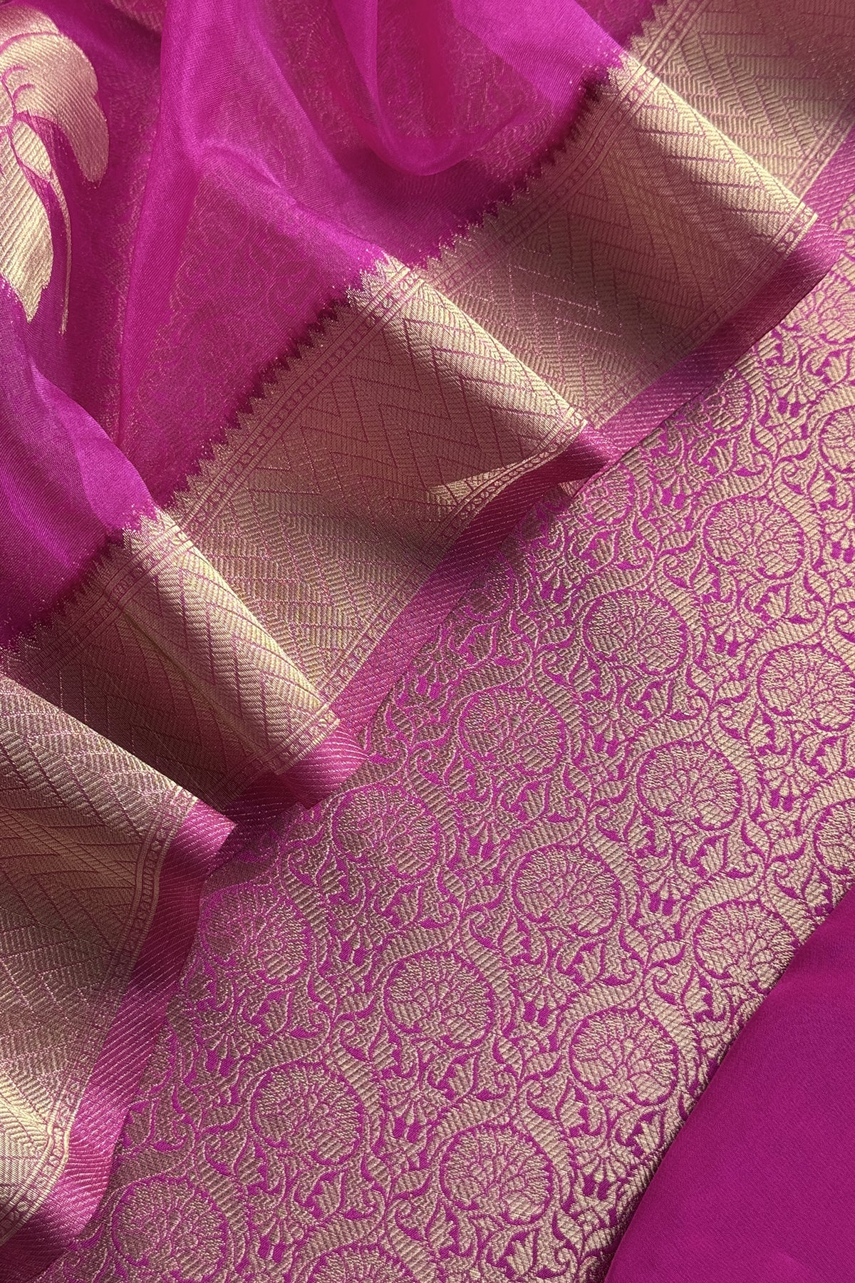 Rani Pink Designer Pure Brocade Silk Kurta And Organza Dupatta