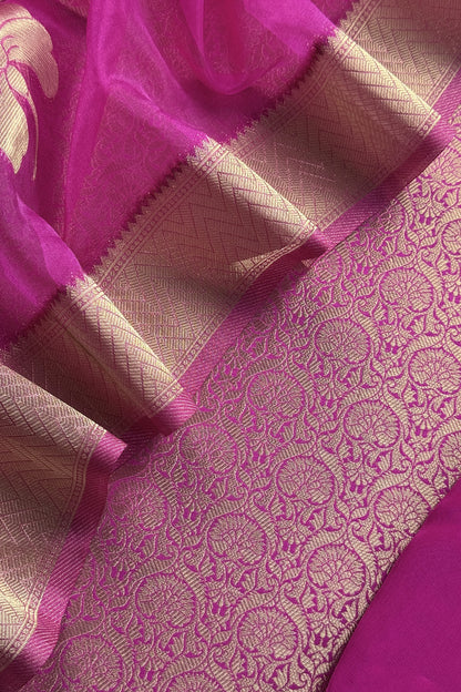 Rani Pink Designer Pure Brocade Silk Kurta And Organza Dupatta