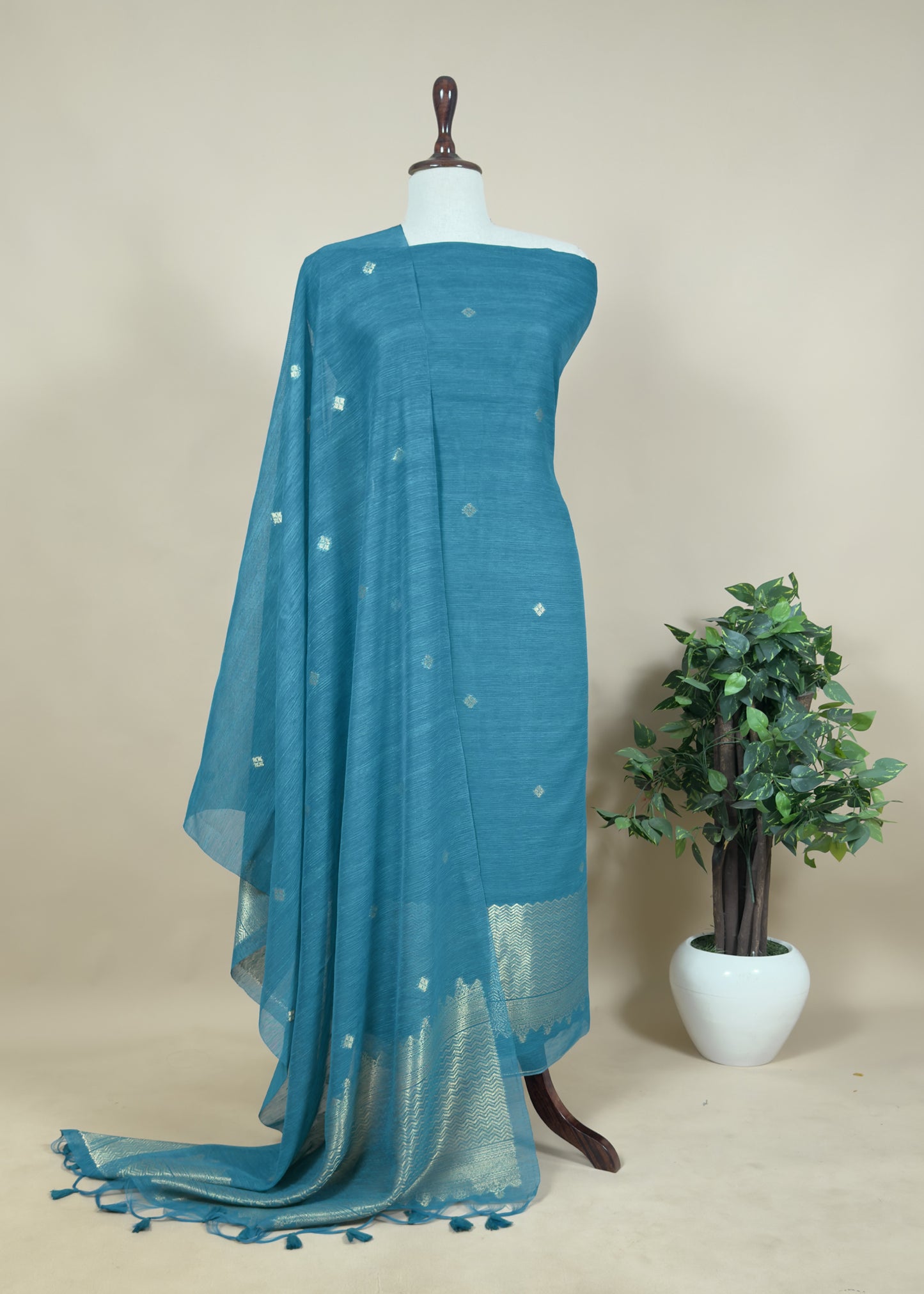 Blue Chanderi Unstitched suit with Gold zari Jamdani weaving