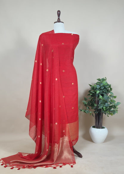 Aqua Blue Chanderi Unstitched Suit With Gold Zari Jamdani Weaving