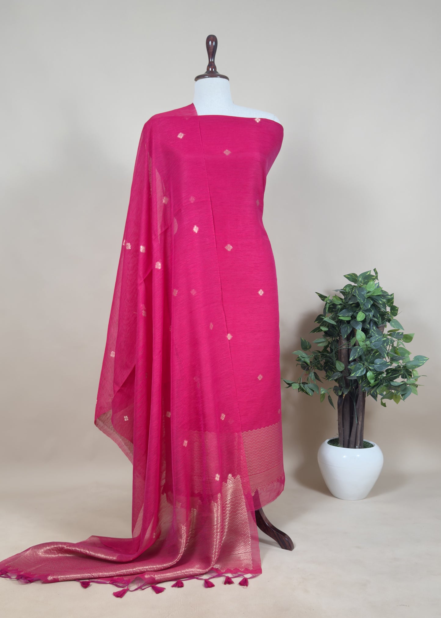 Red Chanderi Unstitched Suit With Gold Zari Jamdani Weaving