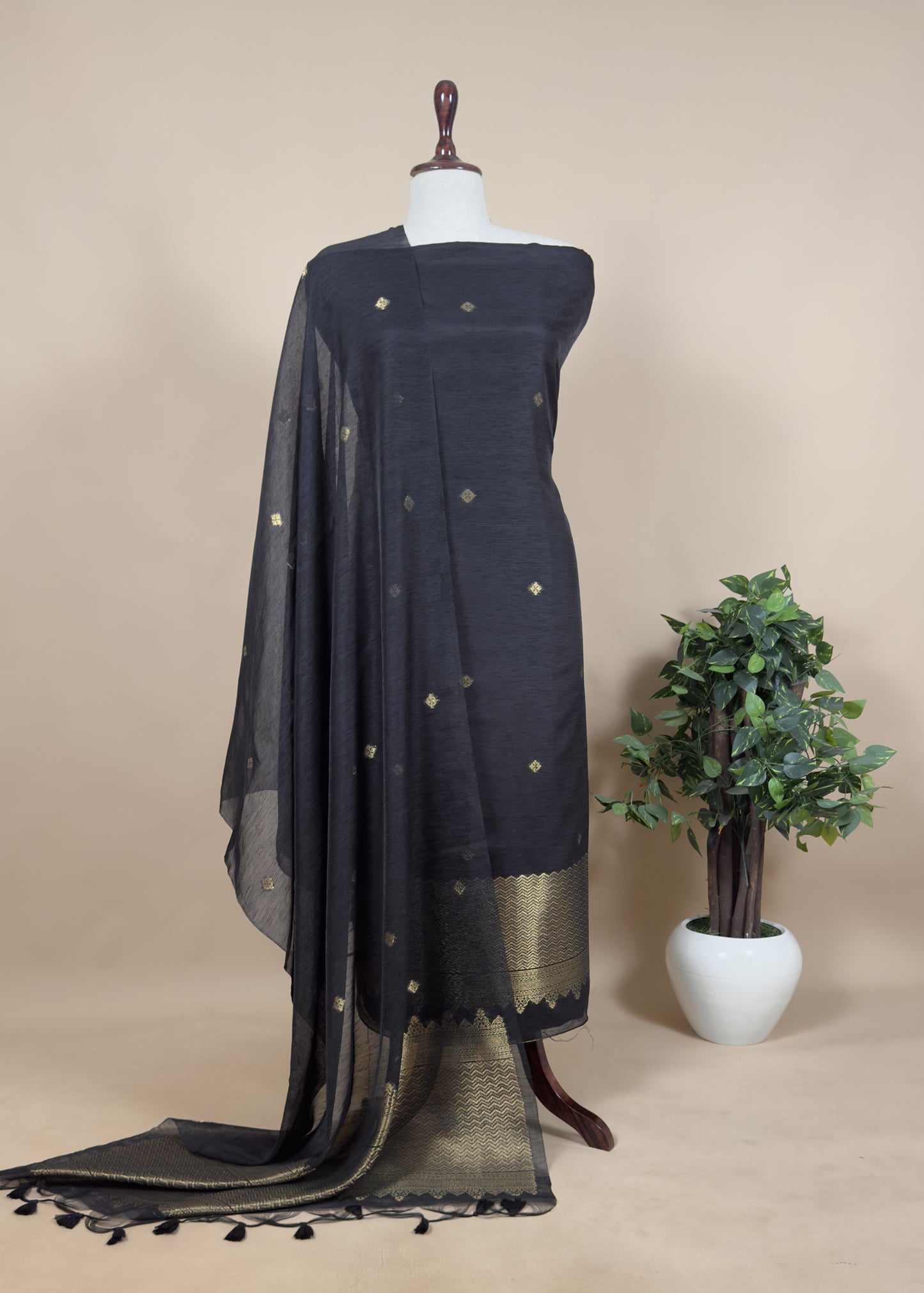 Blue Chanderi Unstitched suit with Gold zari Jamdani weaving