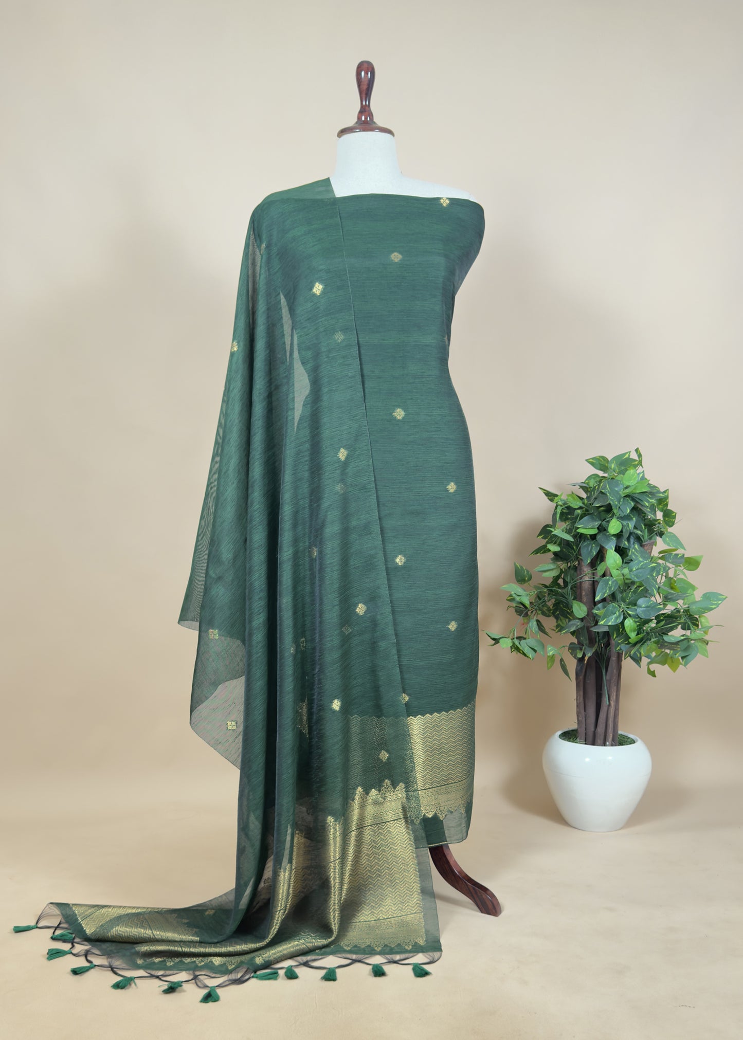 Blue Chanderi Unstitched suit with Gold zari Jamdani weaving