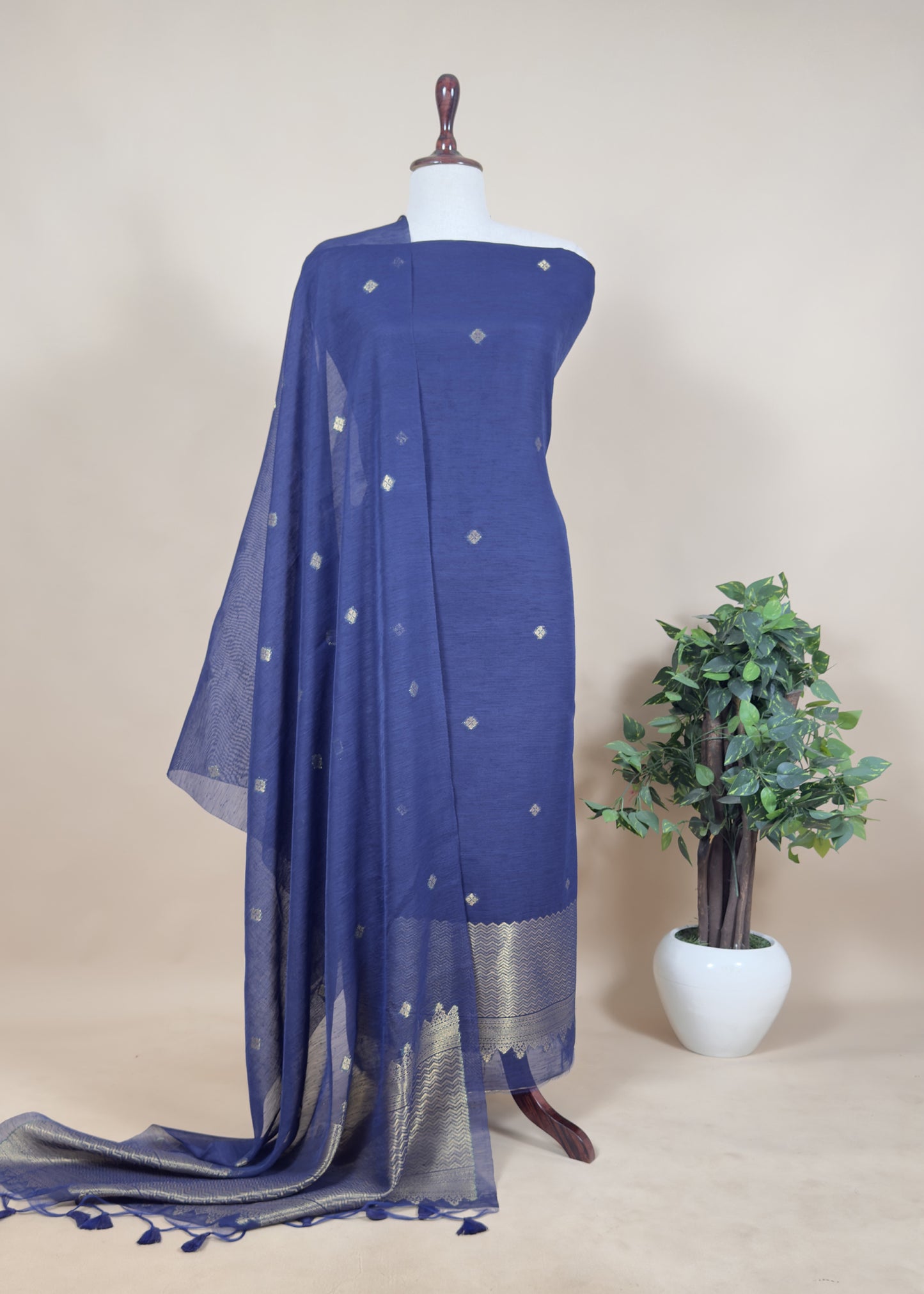 Aqua Blue Chanderi Unstitched Suit With Gold Zari Jamdani Weaving