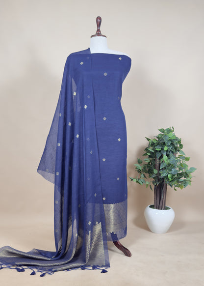 Black Chanderi Unstitched Suit With Gold Zari Jamdani Weaving