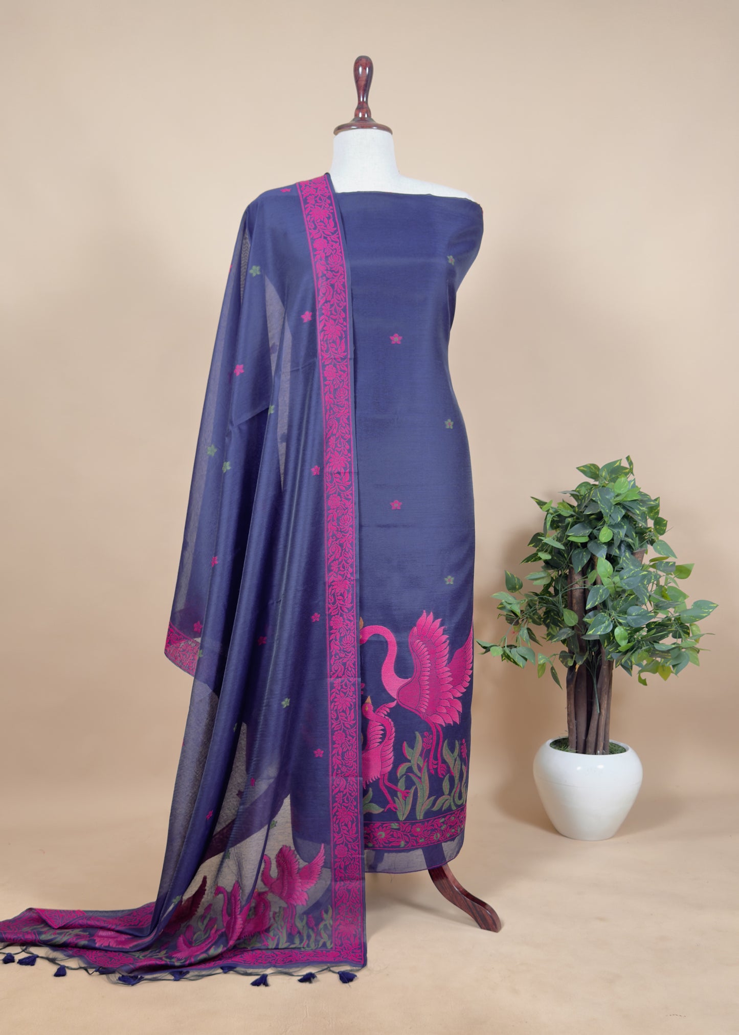 Flamingo flables Slate Black Chanderi suit set with Jamdani weaving