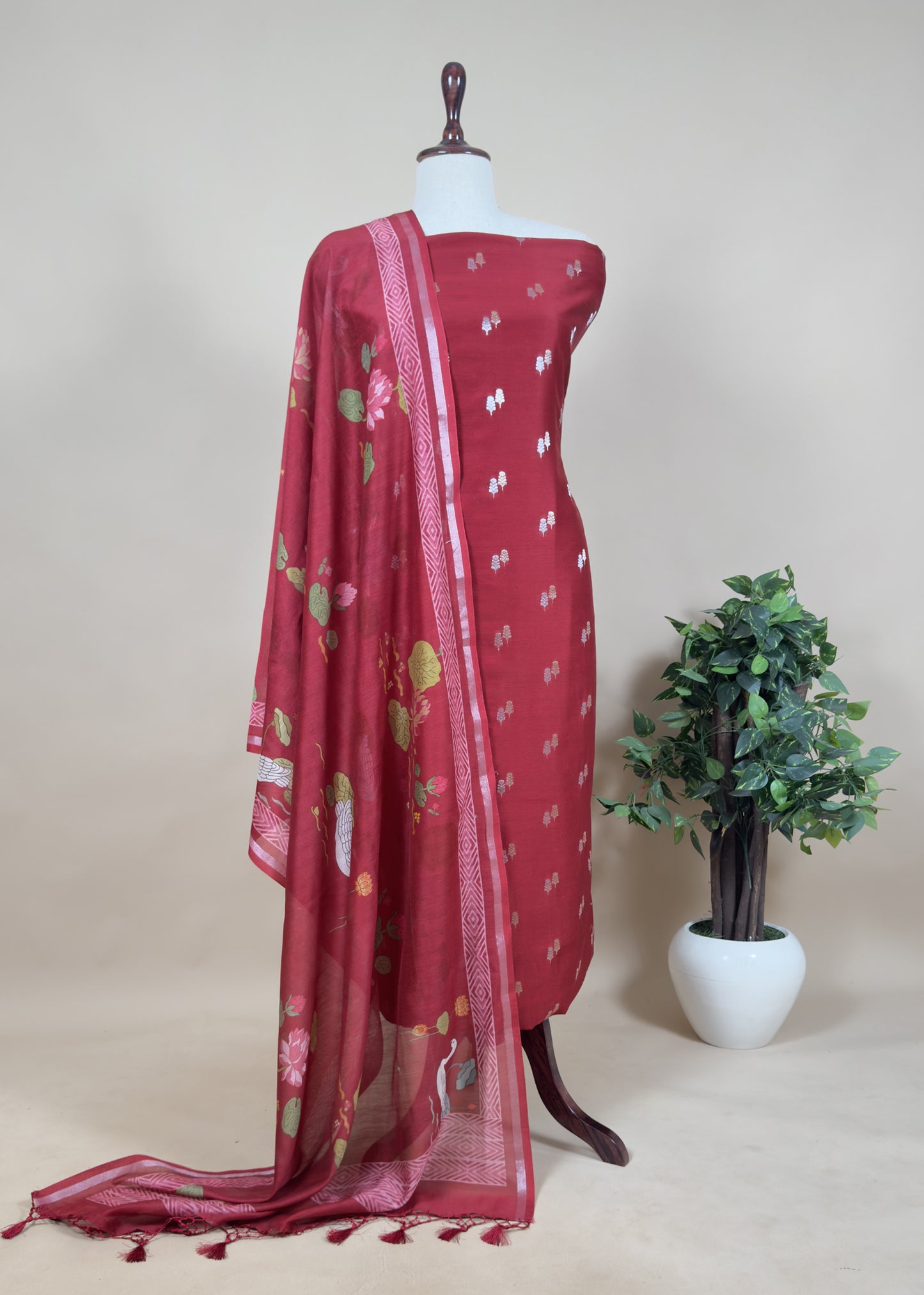 Flamingo flables Plum Handloom Banarasi unstitched suit set