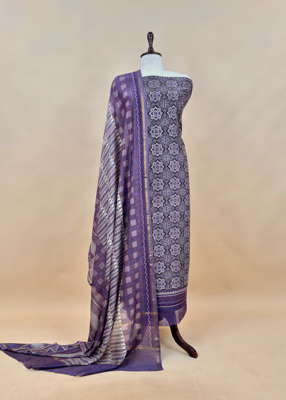 Purple Ajrakh Mahehswari Silk Unstitched Suit With Dupatta