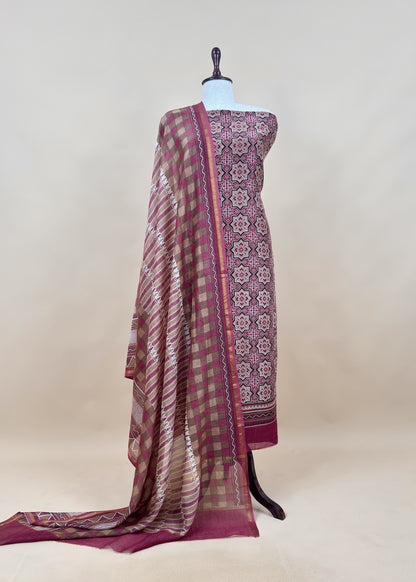 Purple Ajrakh Mahehswari Silk Unstitched Suit With Dupatta