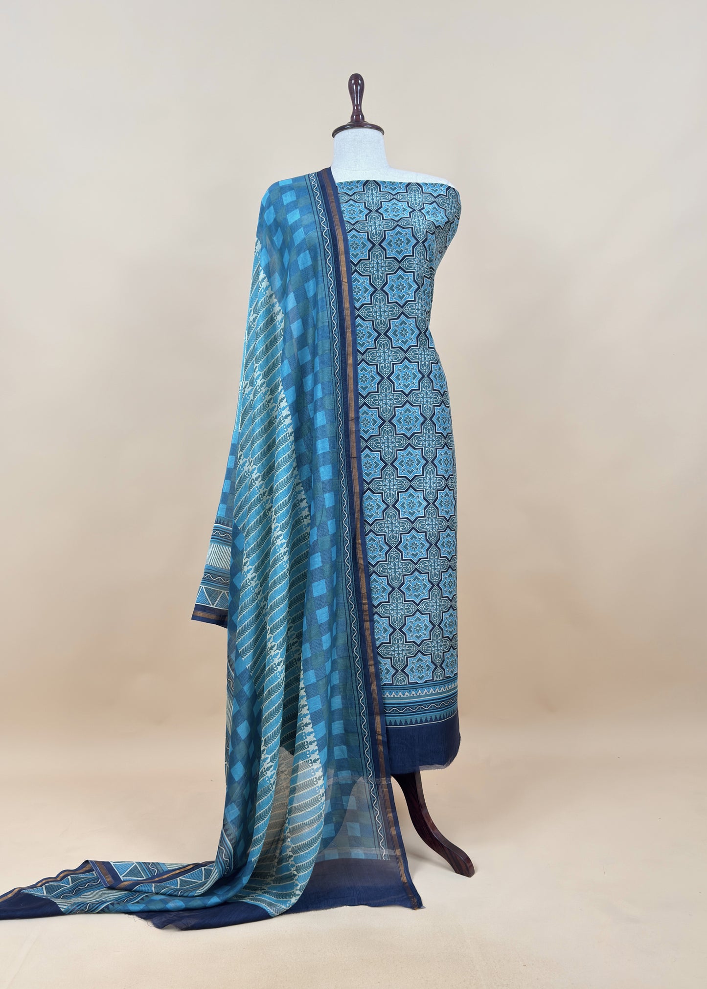 Red Ajrakh Mahehswari Silk Unstitched Suit With Dupatta