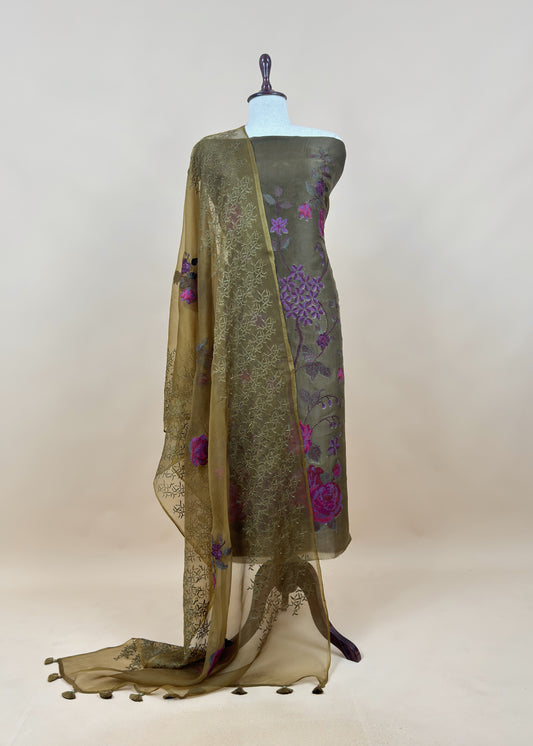 Senorita Dreamy Mehndi Green Handloom Organza Silk Suit Fabric With Cross-Stitch Embroidery