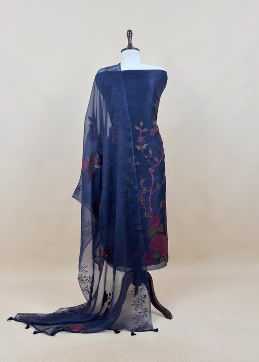 Senorita Dreamy Navy Blue Handloom Organza Silk Suit Fabric With Cross-Stitch Embroidery