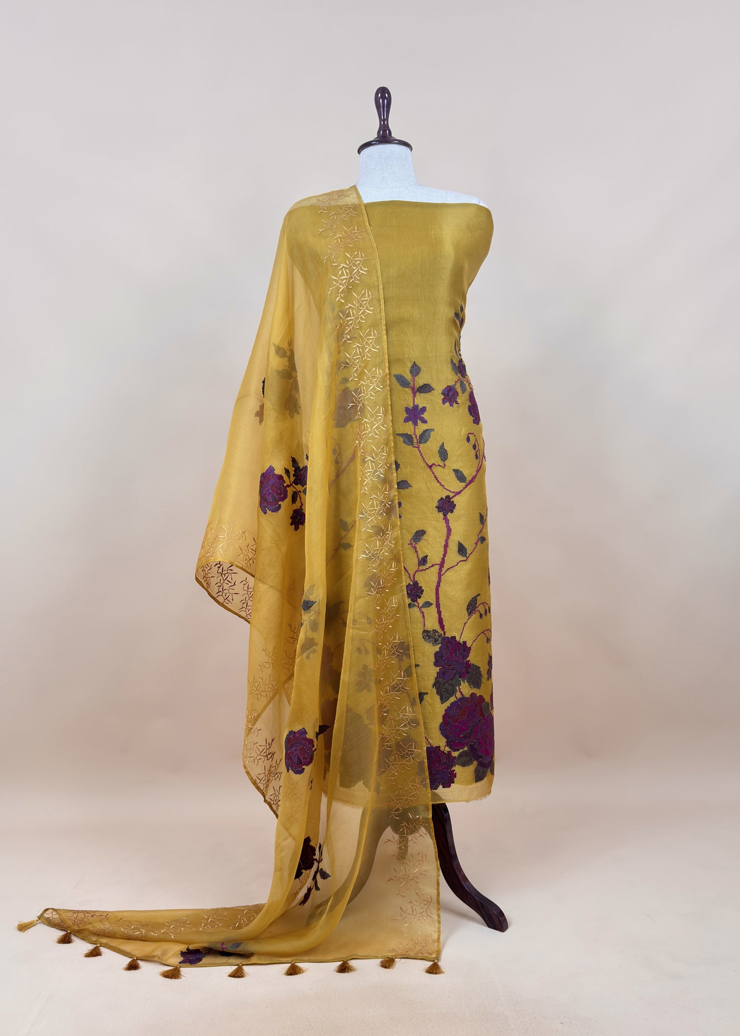 Senorita Dreamy Yellow Handloom Organza Silk Suit Fabric With Cross-Stitch Embroidery