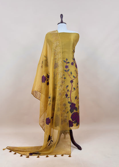 Senorita Dreamy  Black Handloom Organza Silk Suit Fabric With Cross-Stitch Embroidery