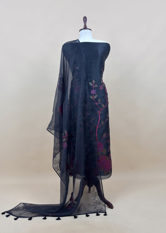 Senorita Dreamy  Black Handloom Organza Silk Suit Fabric With Cross-Stitch Embroidery