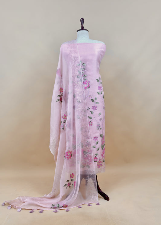 Senorita Dreamy Baby Pink Handloom Organza Silk Suit Fabric With Cross-Stitch Embroidery