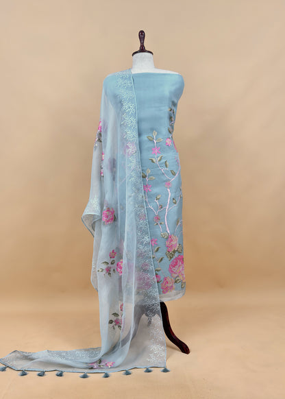 Senorita Dreamy Green Handloom Organza Silk Suit Fabric With Cross-Stitch Embroidery