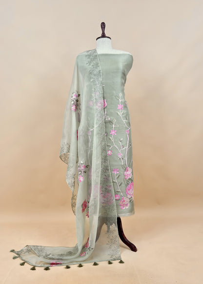 Senorita Dreamy Green Handloom Organza Silk Suit Fabric With Cross-Stitch Embroidery