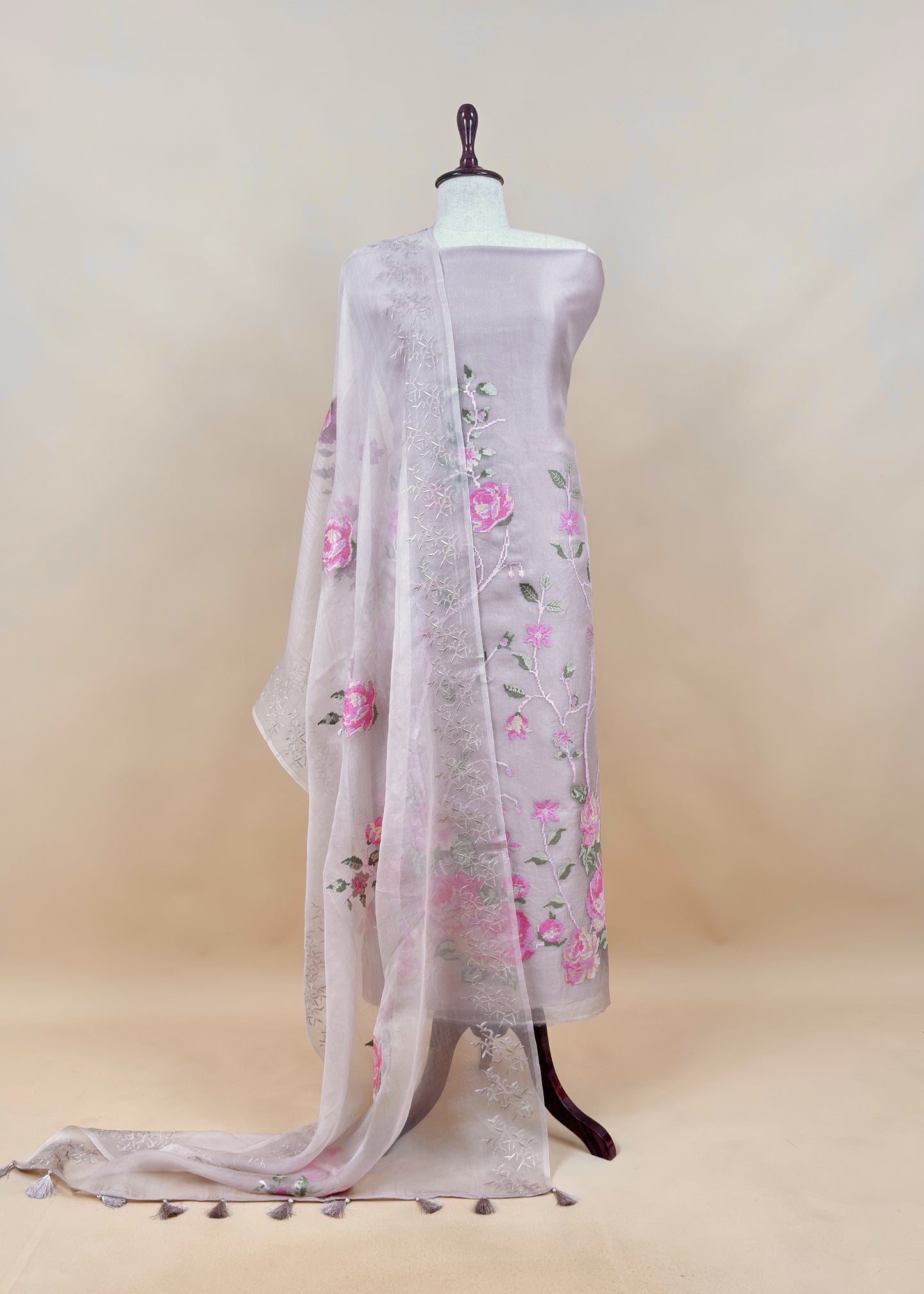 Senorita Dreamy Pink Handloom Organza Silk Suit Fabric With Cross-Stitch Embroidery