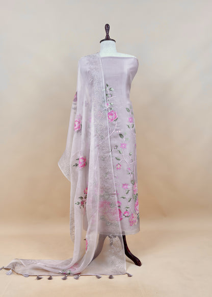 Senorita Dreamy Green Handloom Organza Silk Suit Fabric With Cross-Stitch Embroidery