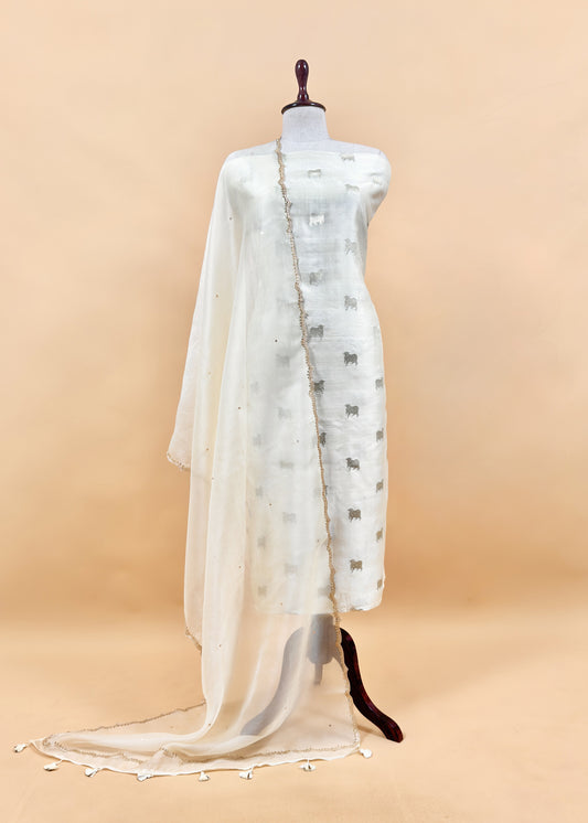 White Pure Chiniya Silk Kurta And Kora Silk Dupatta With Handwork