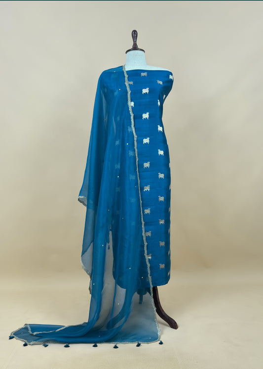 Blue Pure Chiniya Silk Kurta And Kora Silk Dupatta With Handwork