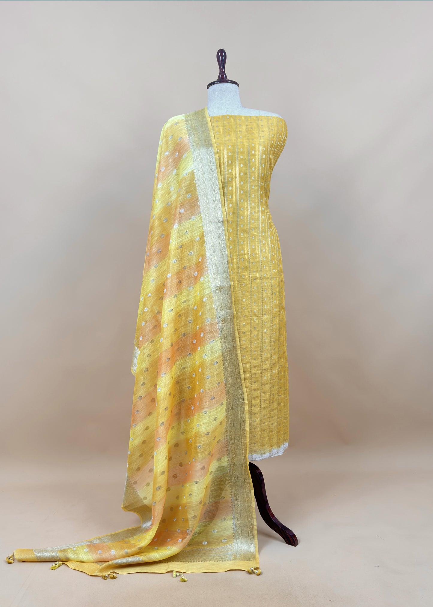 Sunflower yellow handloom linen silk suit fabric with zari weaving
