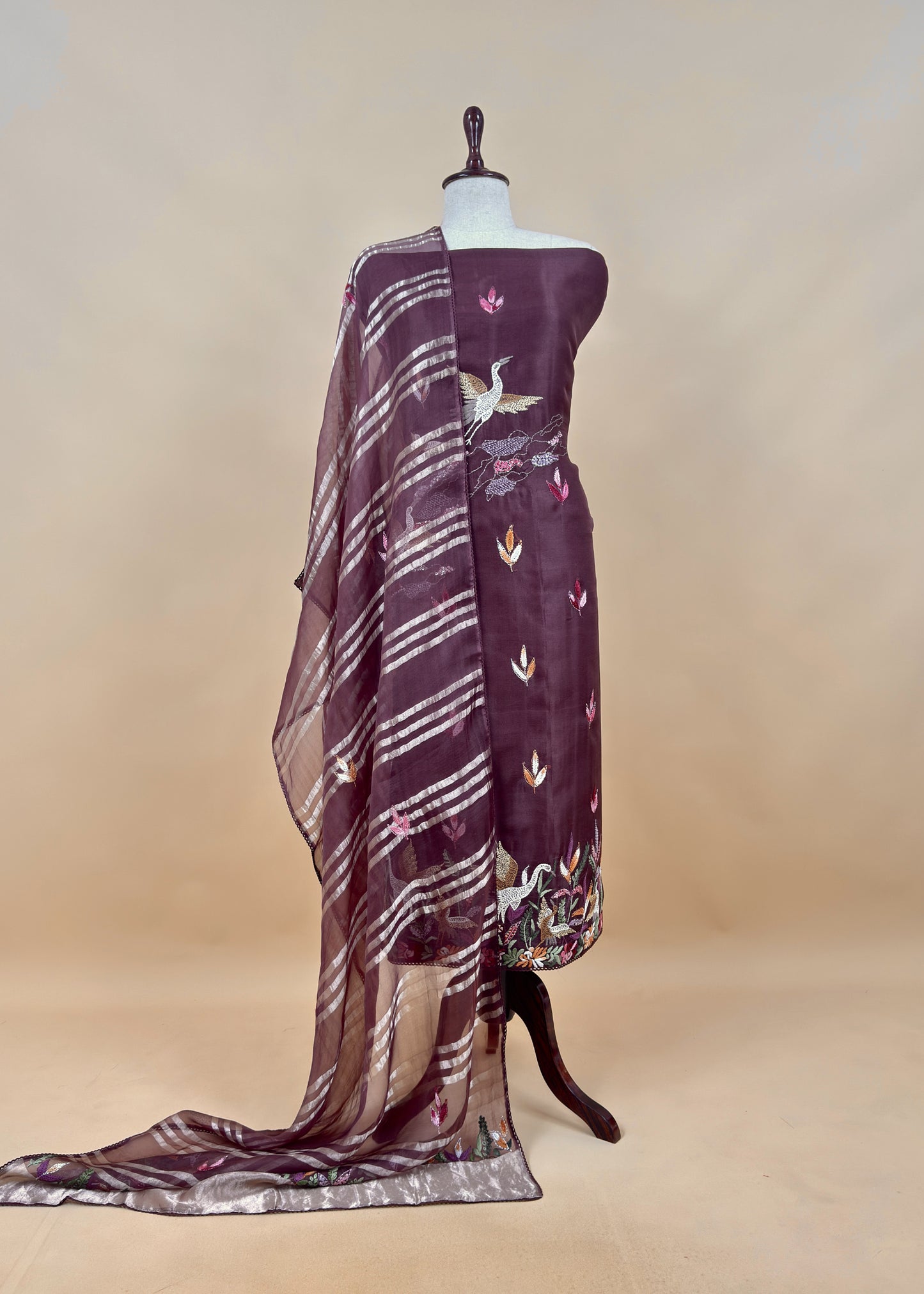 Brown Handloom Organza Silk Suit Fabric With Flamingos Kantha Handwork