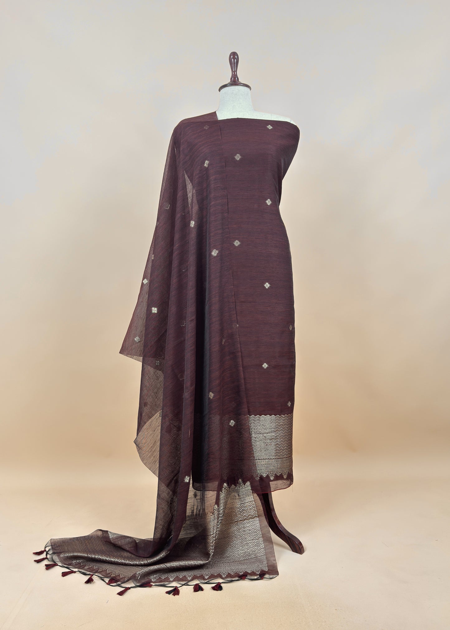 brown Chanderi Unstitched Suit With Gold Zari Jamdani Weaving