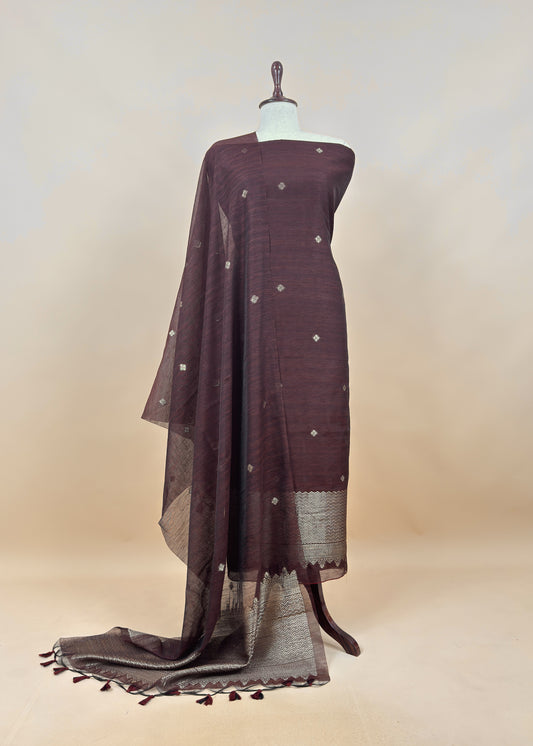 brown Chanderi Unstitched Suit With Gold Zari Jamdani Weaving