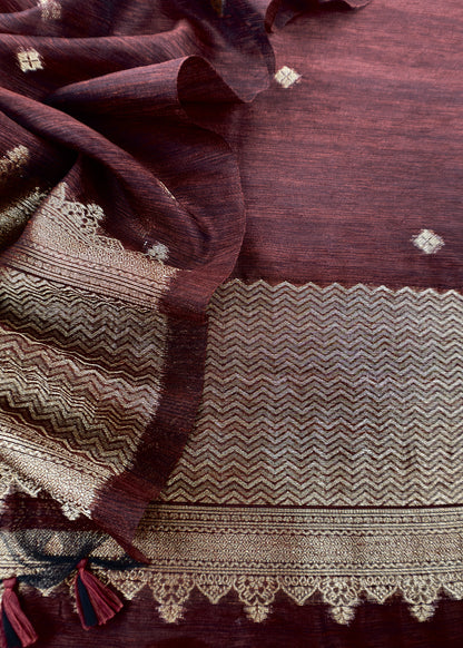 Brown Chanderi Unstitched Suit With Gold Zari Jamdani Weaving