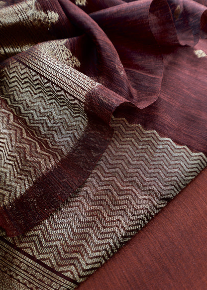 Brown Chanderi Unstitched Suit With Gold Zari Jamdani Weaving