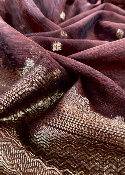 Brown Chanderi Unstitched Suit With Gold Zari Jamdani Weaving