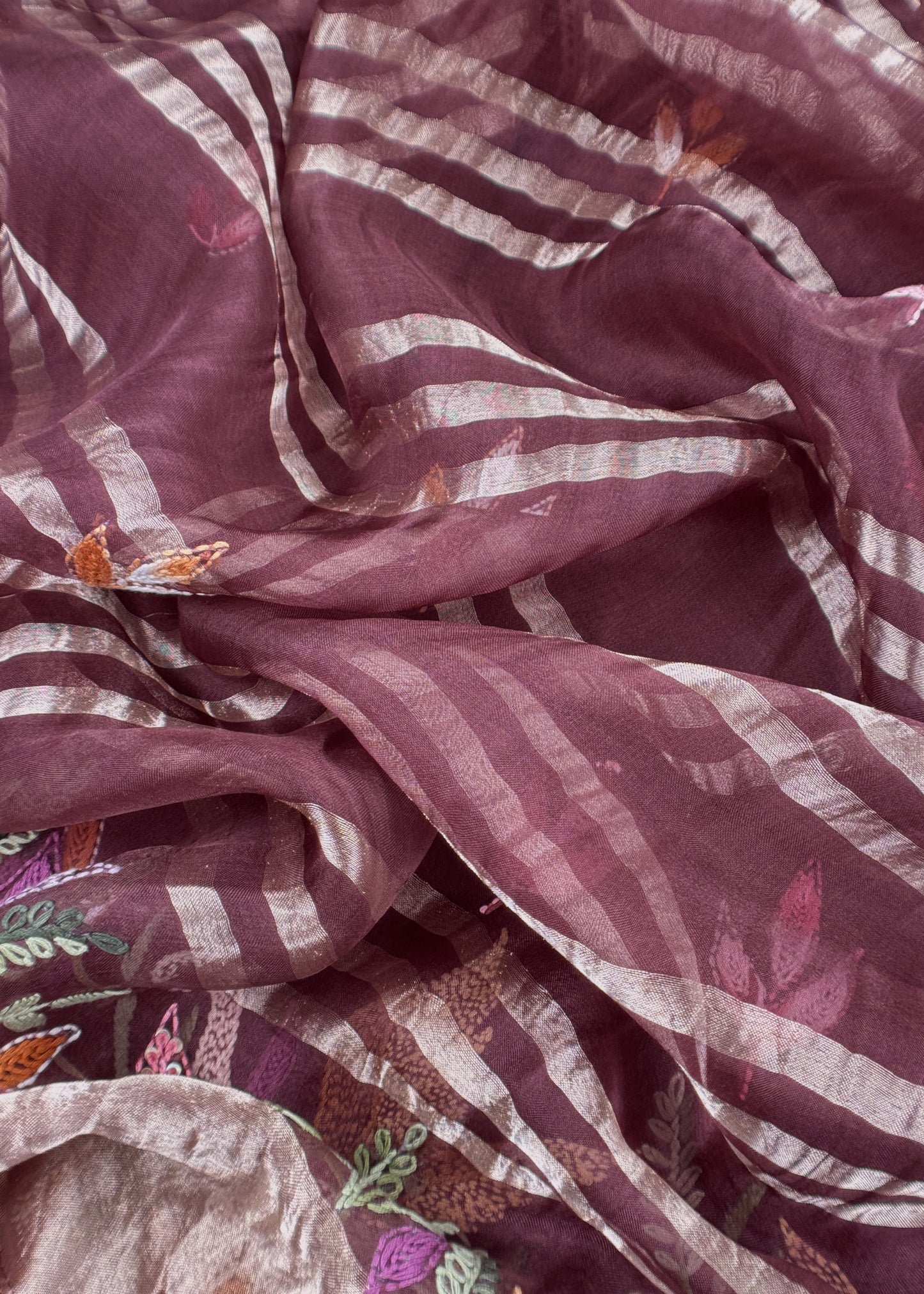 Brown Handloom Organza Silk Suit Fabric With Flamingos Kantha Handwork