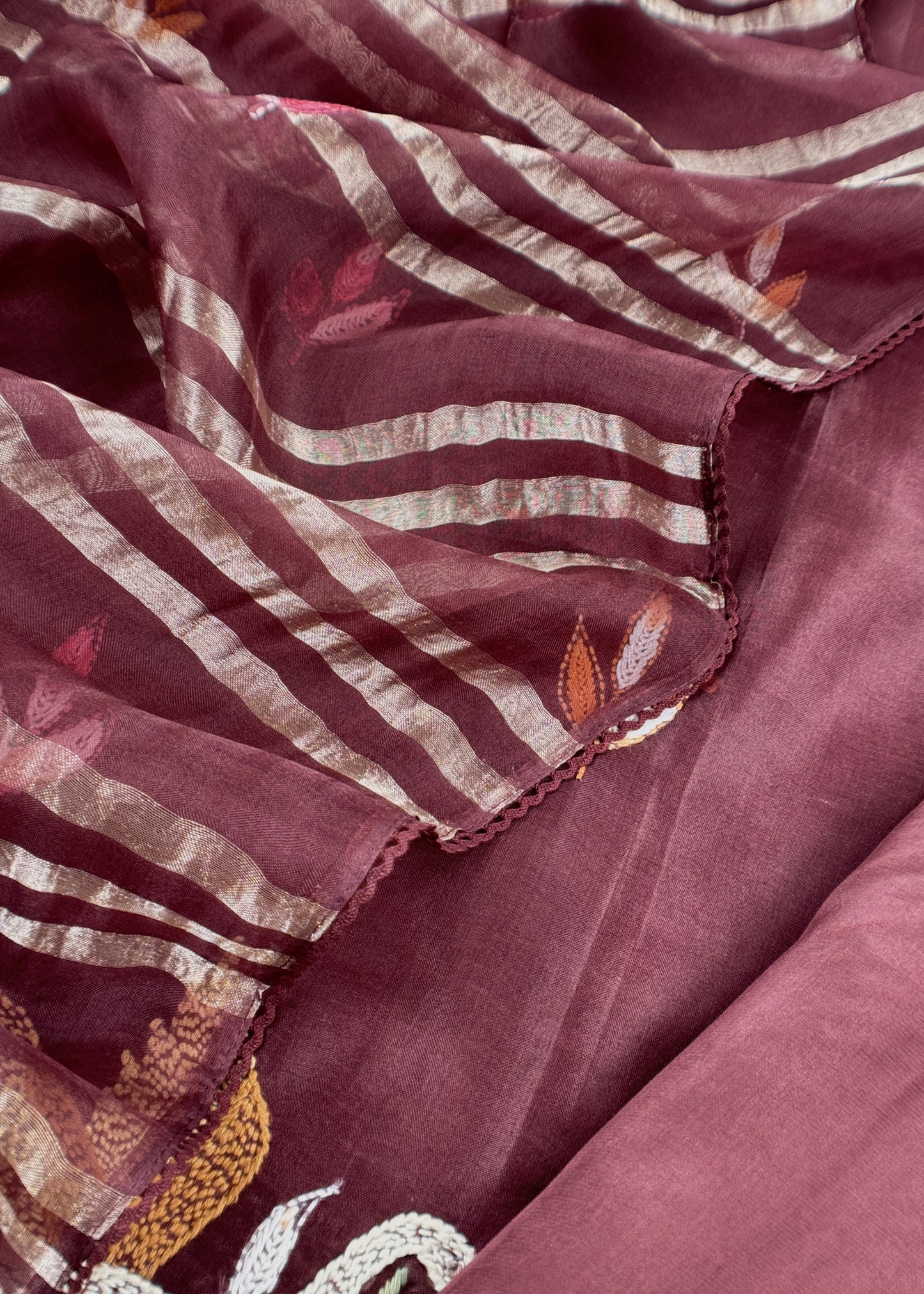 Brown Handloom Organza Silk Suit Fabric With Flamingos Kantha Handwork