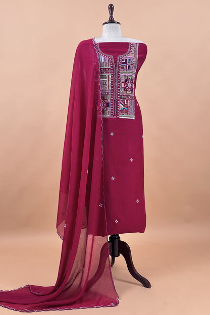 Red Pure Mulmul Unstitched Suit Fabric With Boho Rajasthani Kutch Hand Embroidery