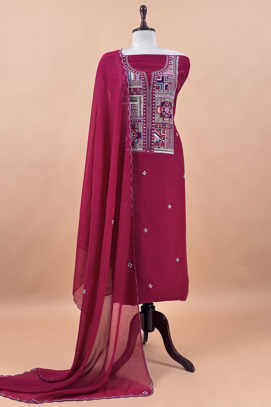 Red Pure Mulmul Unstitched Suit Fabric With Boho Rajasthani Kutch Hand Embroidery