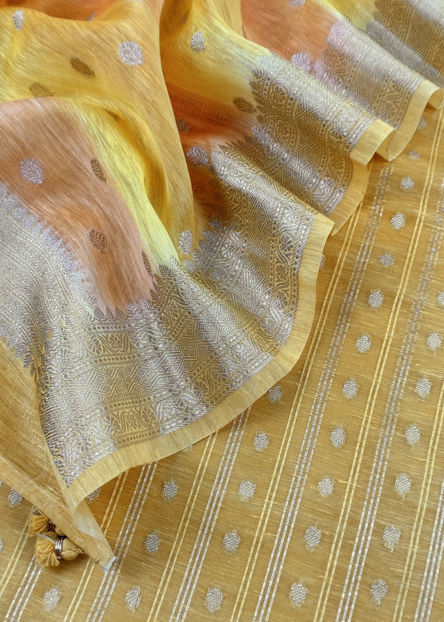 Sunflower yellow handloom linen silk suit fabric with zari weaving