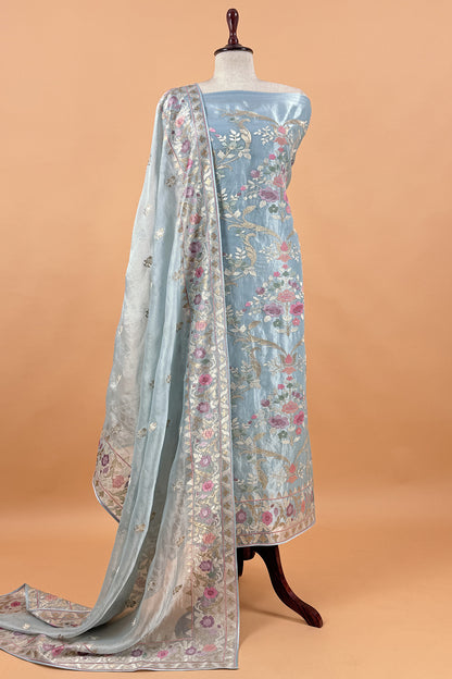 Sky Blue Handloom Tissue Silk Suit With Gold Silver Zari And Embroidery