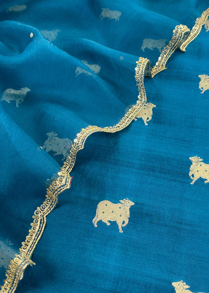 Blue Pure Chiniya Silk Kurta And Kora Silk Dupatta With Handwork
