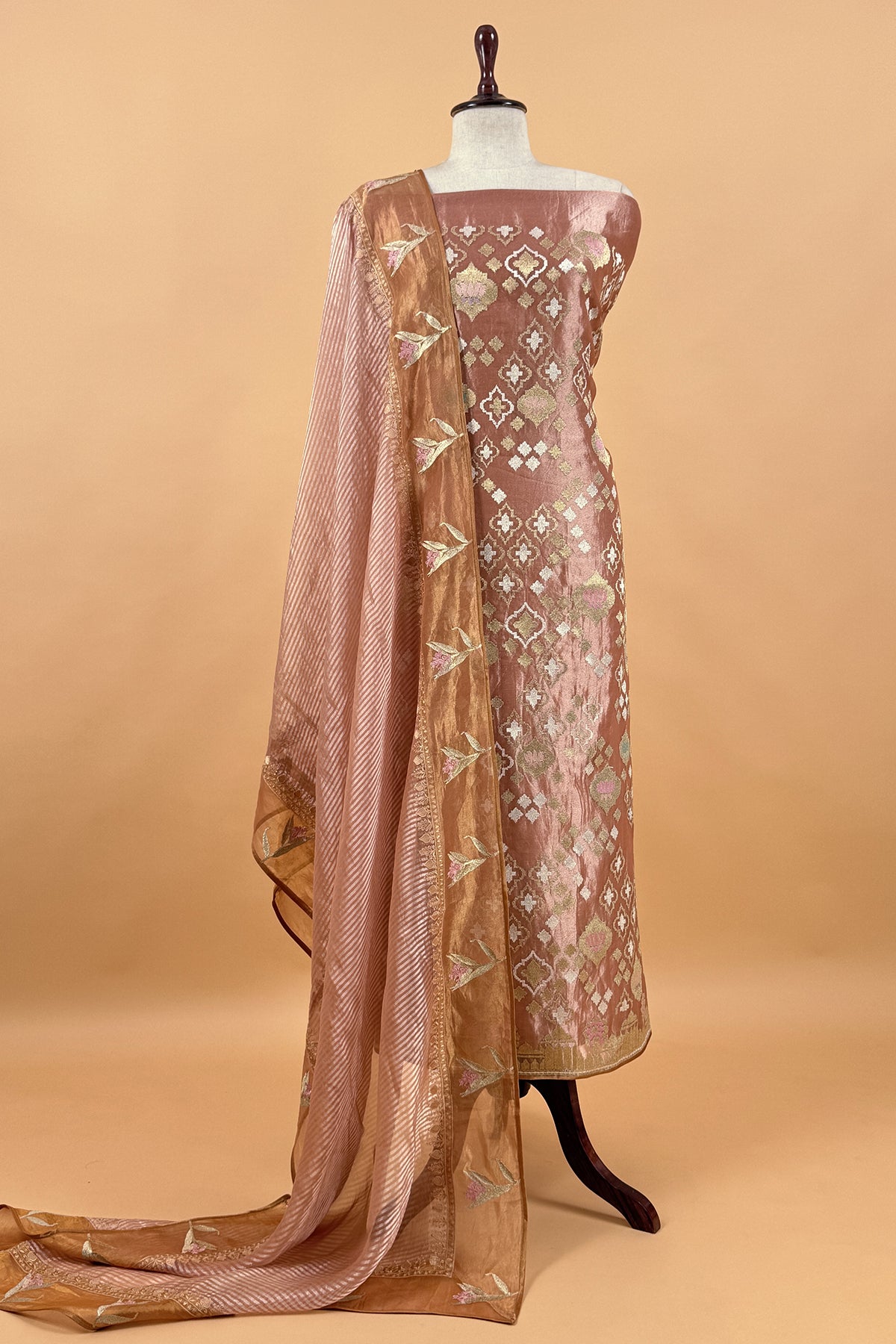 Goldan Peach Handloom Tissue Silk Suit With Gold Silver Zari And Embroidery
