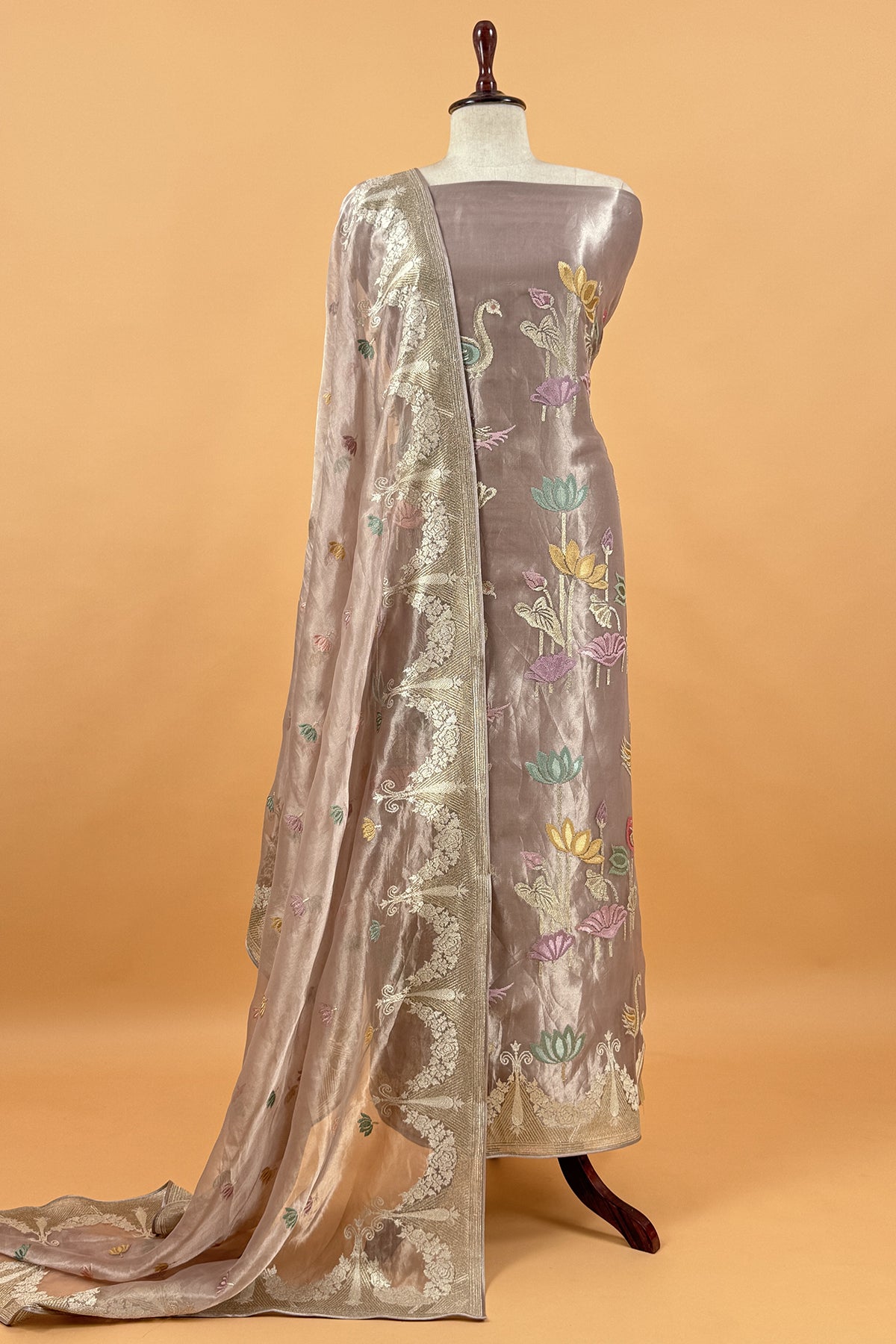 Chikoo Handloom Tissue Silk Suit With Gold Silver Zari And Embroidery