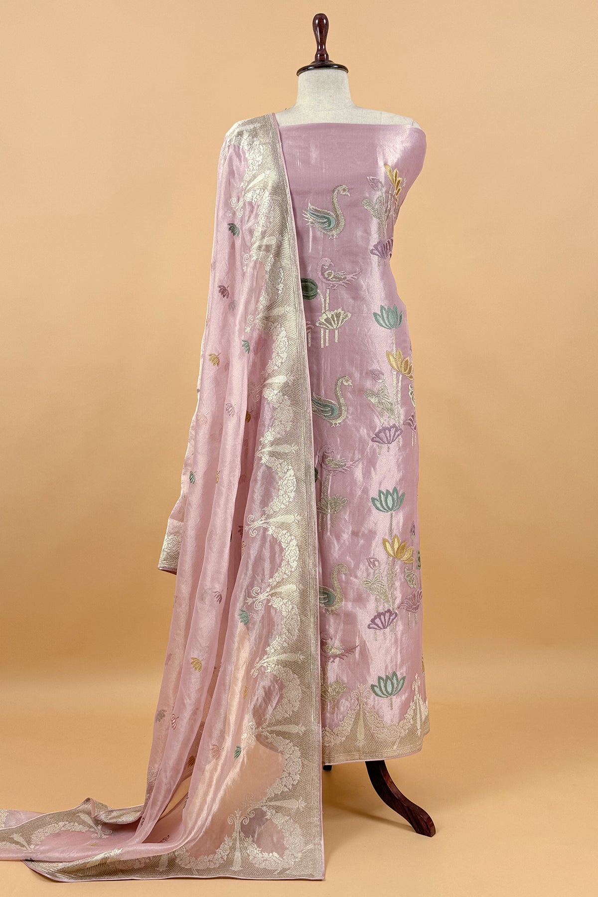 Baby Pink Handloom Tissue Silk Suit With Gold Silver Zari And Embroidery
