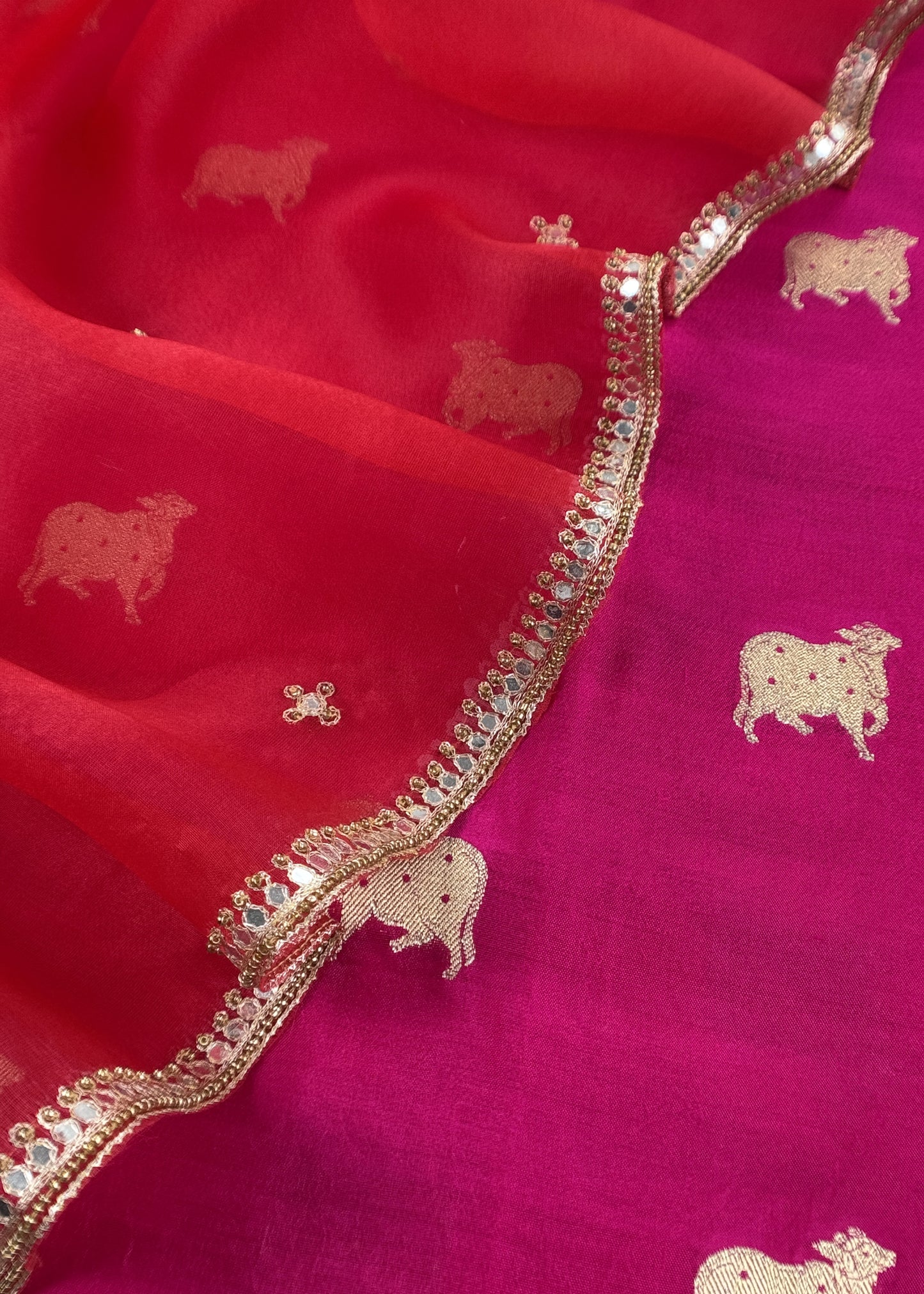 Deep Pink Pure Chiniya Silk Kurta And Kora Silk Dupatta With Handwork