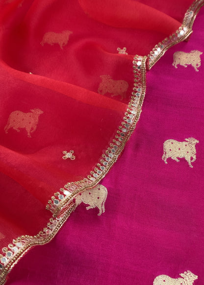 Deep Pink Pure Chiniya Silk Kurta And Kora Silk Dupatta With Handwork
