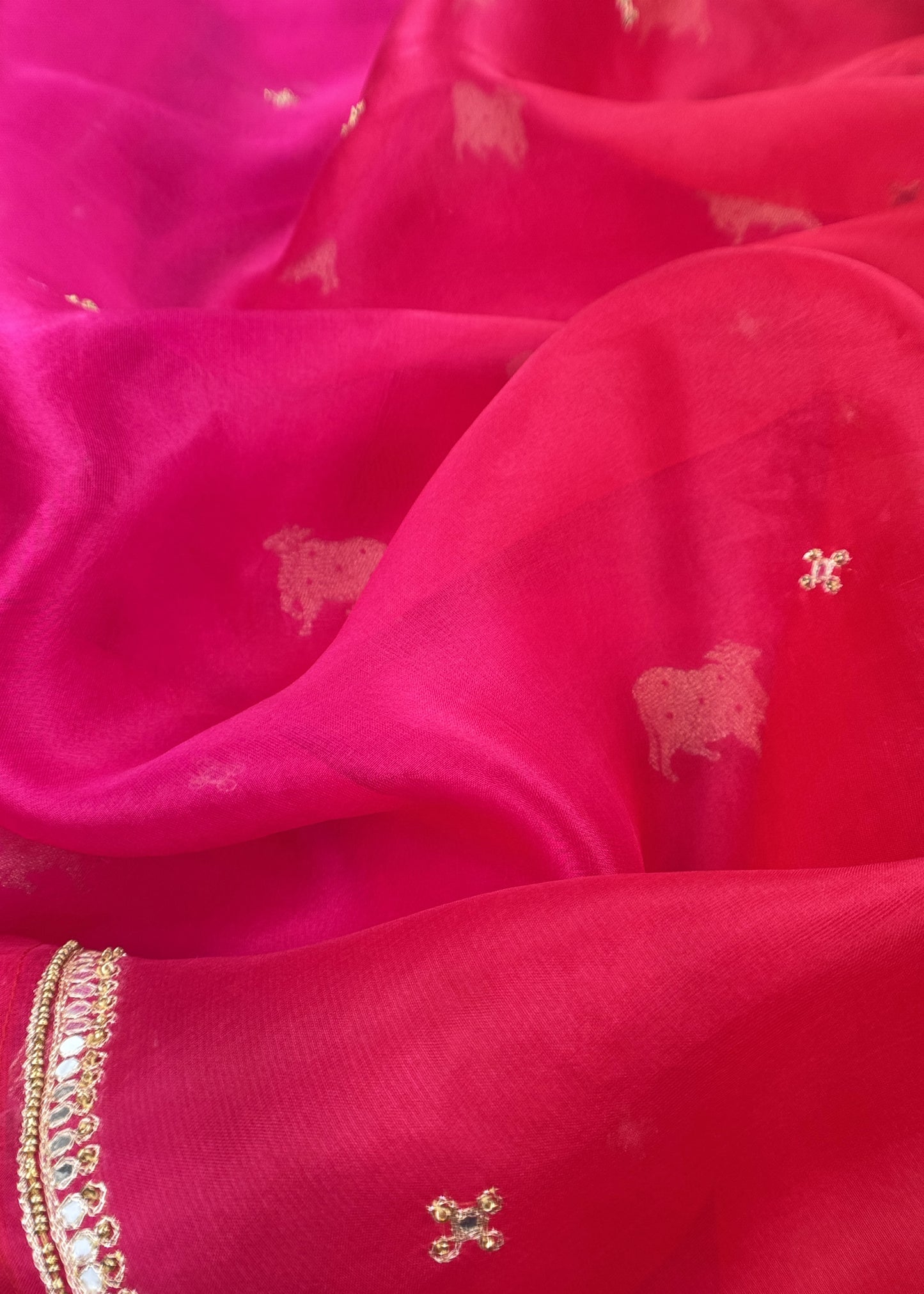 Deep Pink Pure Chiniya Silk Kurta And Kora Silk Dupatta With Handwork